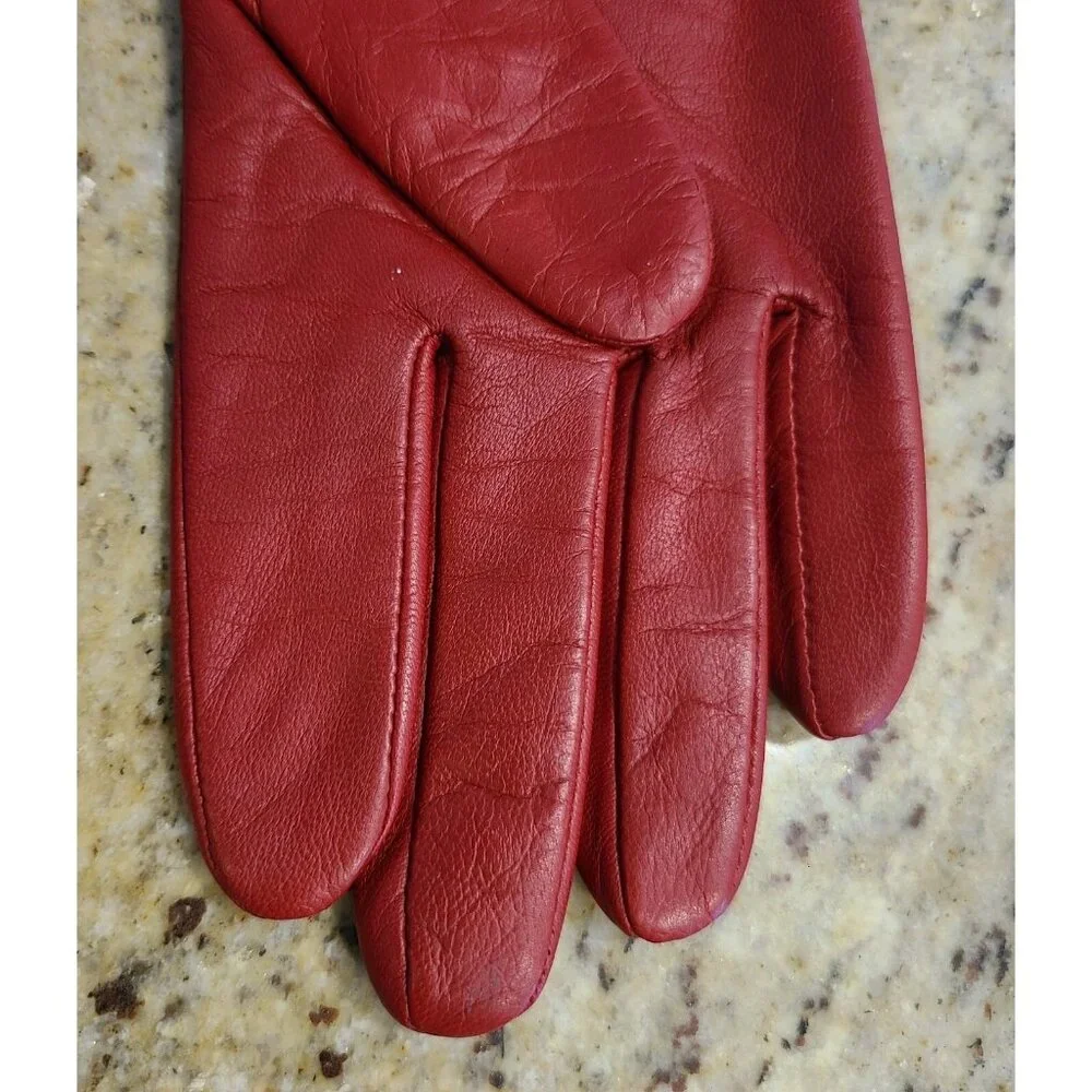 Merona Womens Size S/M Red Leather Lined Winter Gloves 3 Buckle Accent